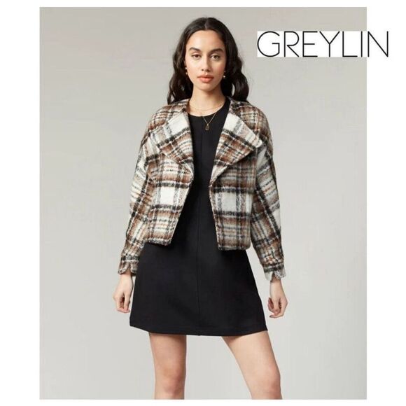 Greylin Chestnut Brown Dasia Brushed Plaid Moto Jacket - Picture 1 of 7